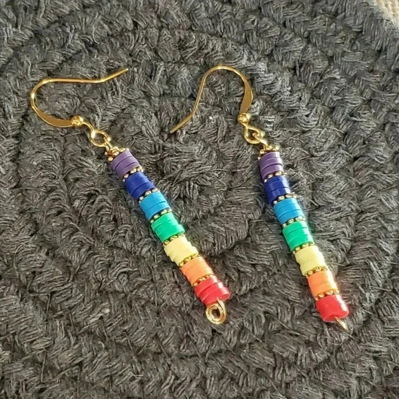 Rainbow LGBTQ Chakras Yoga Pride Beads Hand Crafted Gold Plated Earrings - Picture 7 of 10